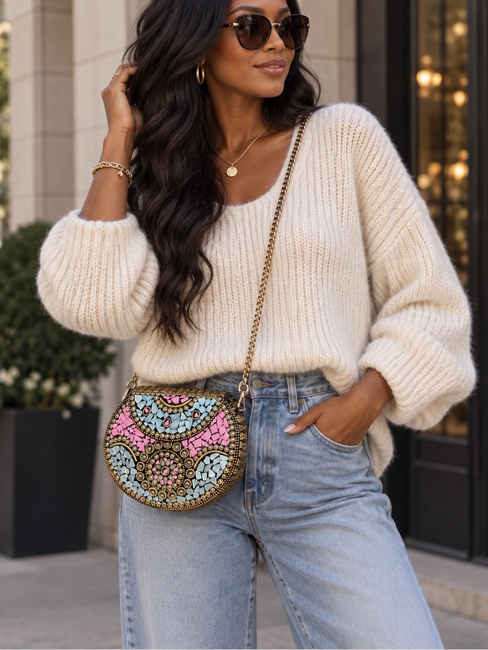 RAMLA Beverly Hills Mosaic Muse Iridescent Pink Gold Handmade Crossbody Bag NWOT